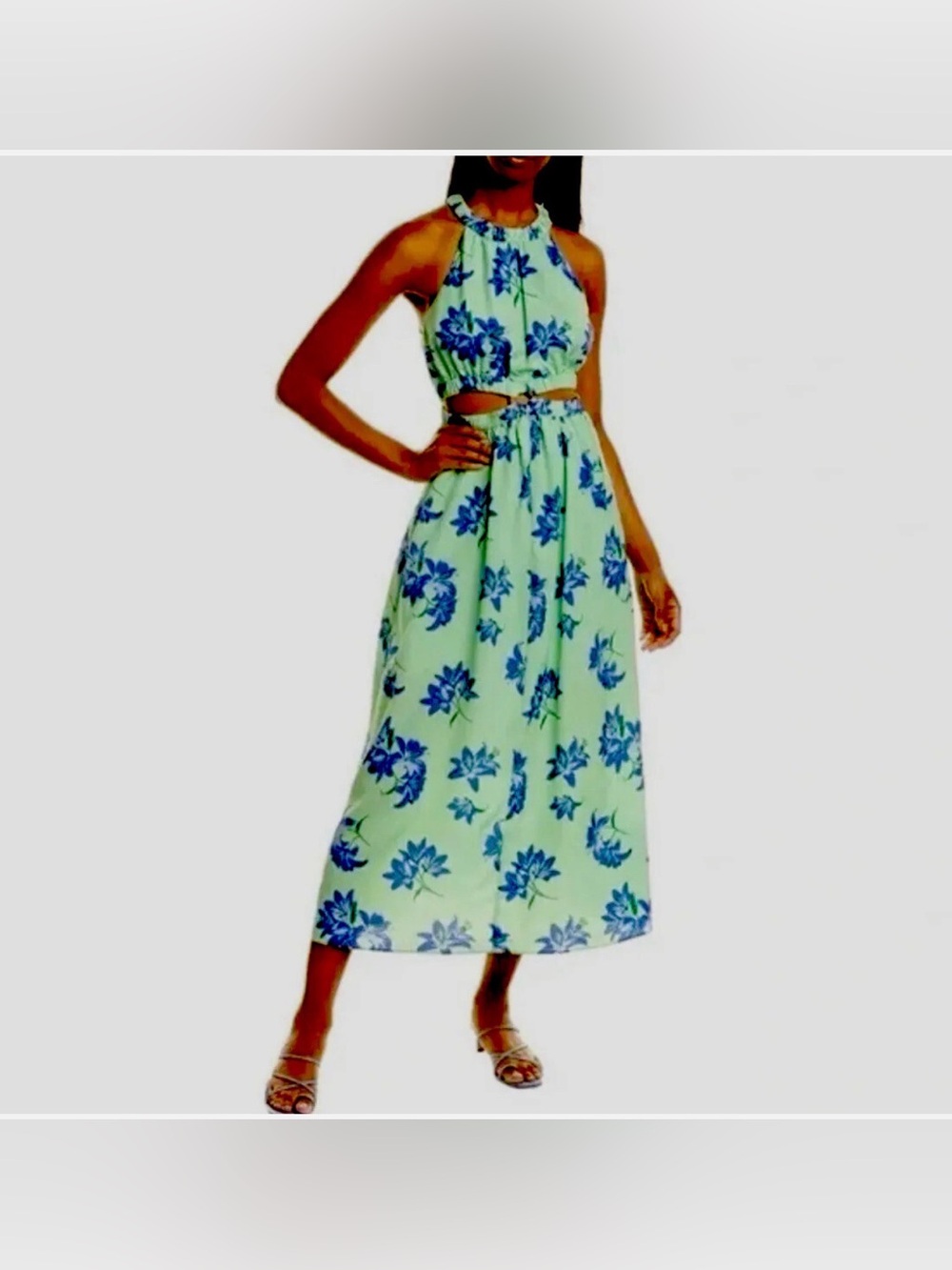 Likely Karrica Maxi Dress Size 8 Midriff Cutout Pistachio Green Blue Floral NWT